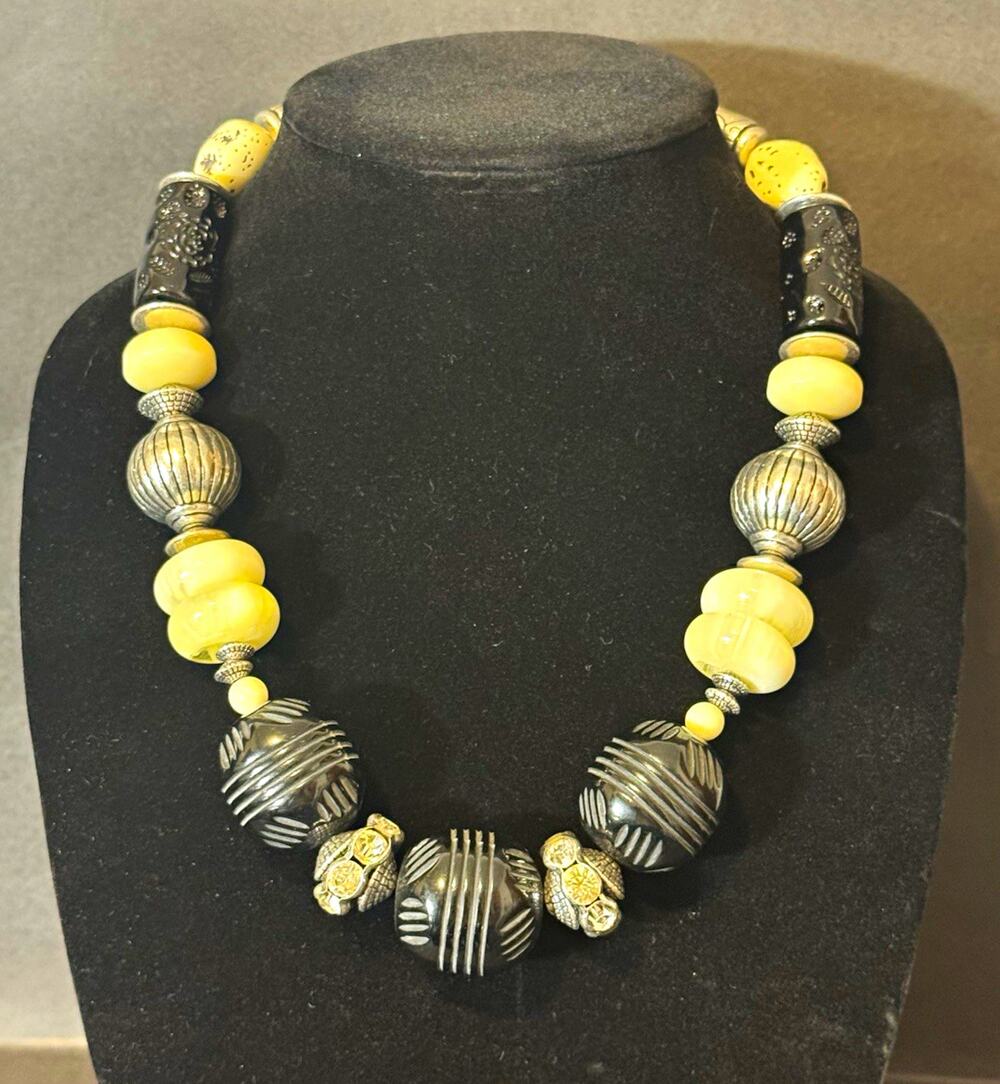 Chico's Signed Beaded Statement Necklace Black Silver Ivory Adjustable Lobster